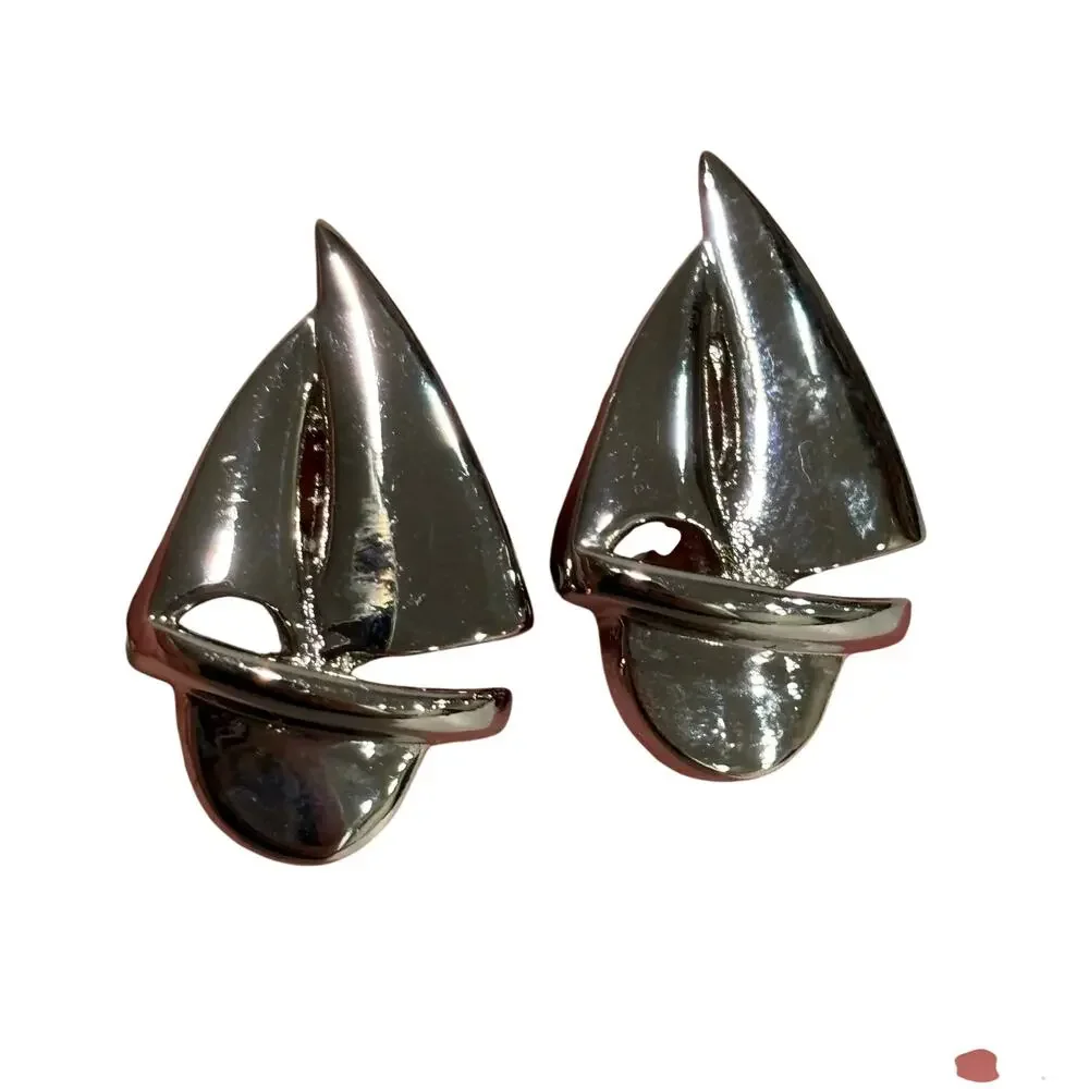 Sail boat shaped silver tone cufflinks nautical theme cuff links for man